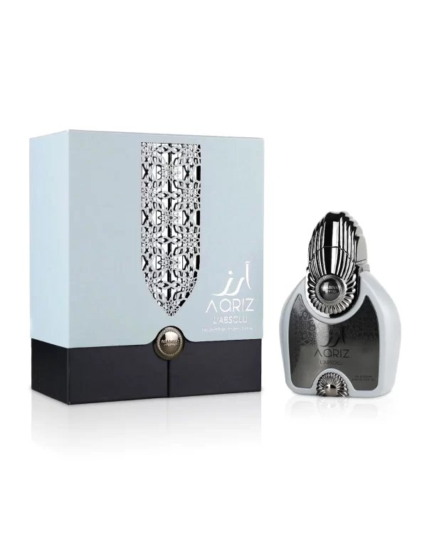 aariz labsolu perfume bottle beside box against white background 1